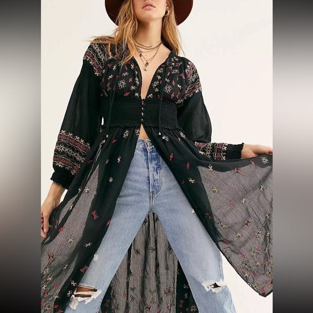 Free People Black Embroidered Sheer Duster Top